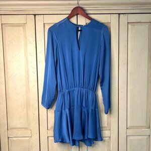 NWOT, Bianca Dusty Blue Mini Dress, Gathered Waist, Ruffle Hem, Size Small